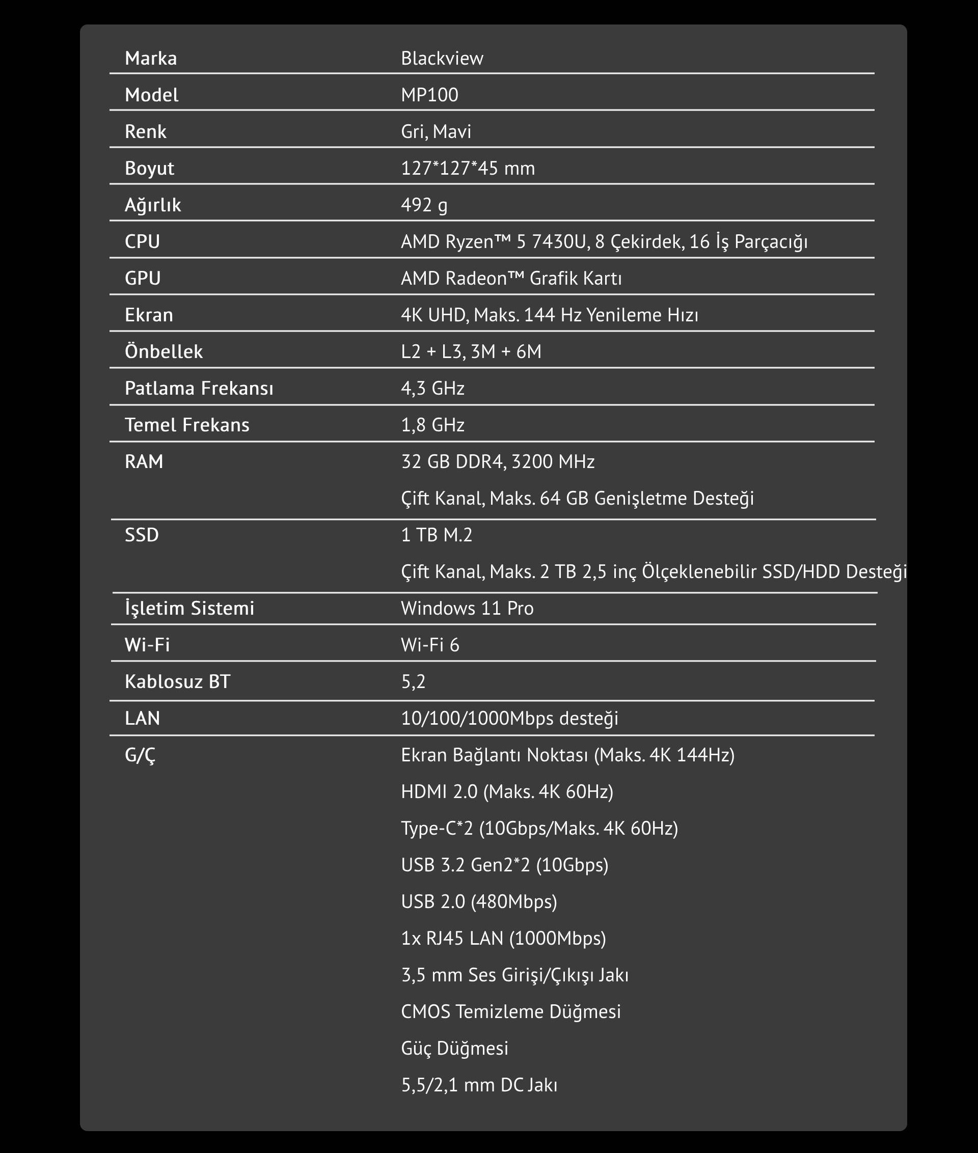 Blackview MP100 AMD Ryzen 5 7430U 16GB 512GB W11Pro Mini PC 