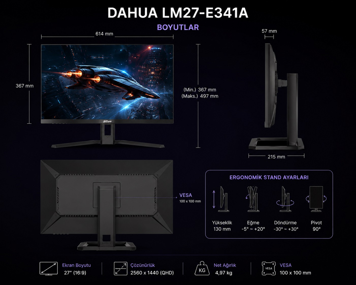 DAHUA LM27-E341A  27″ 240Hz 0.5ms 2K IPS Gaming (Oyuncu) Monitör