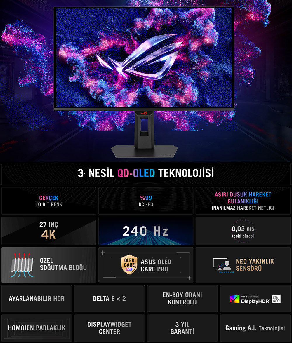 ASUS ROG Strix XG27UQDMS 26.5″ 240Hz 0.03ms 4K UHD Adaptive Sync Tandem QD-OLED Pivot Gaming Monitör