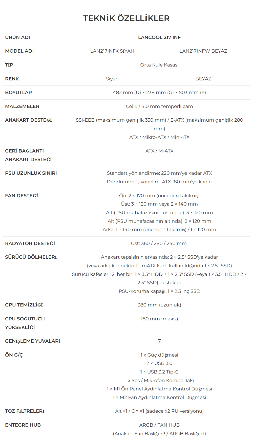 Lian Li Lancool 217 INF Siyah E-ATX Mid-Tower Kasa