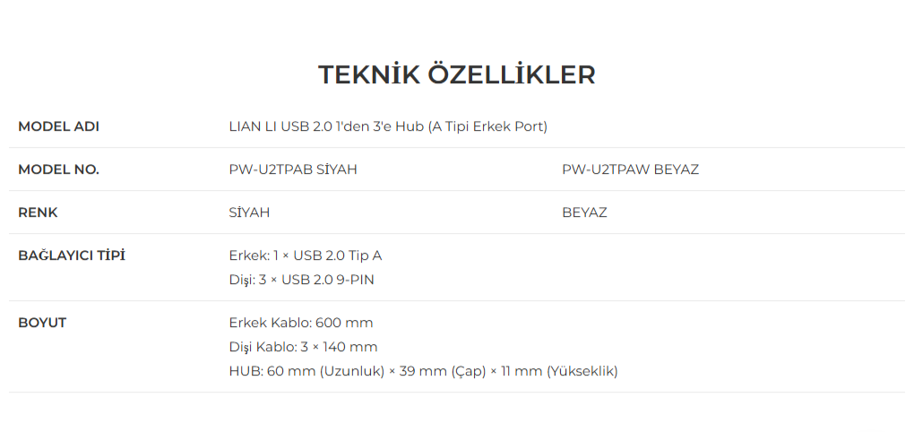 Lian Li USB 2.0 1-to-3 Hub Siyah Type-A USB Girişli (G89.PW-U2TPAB.00)