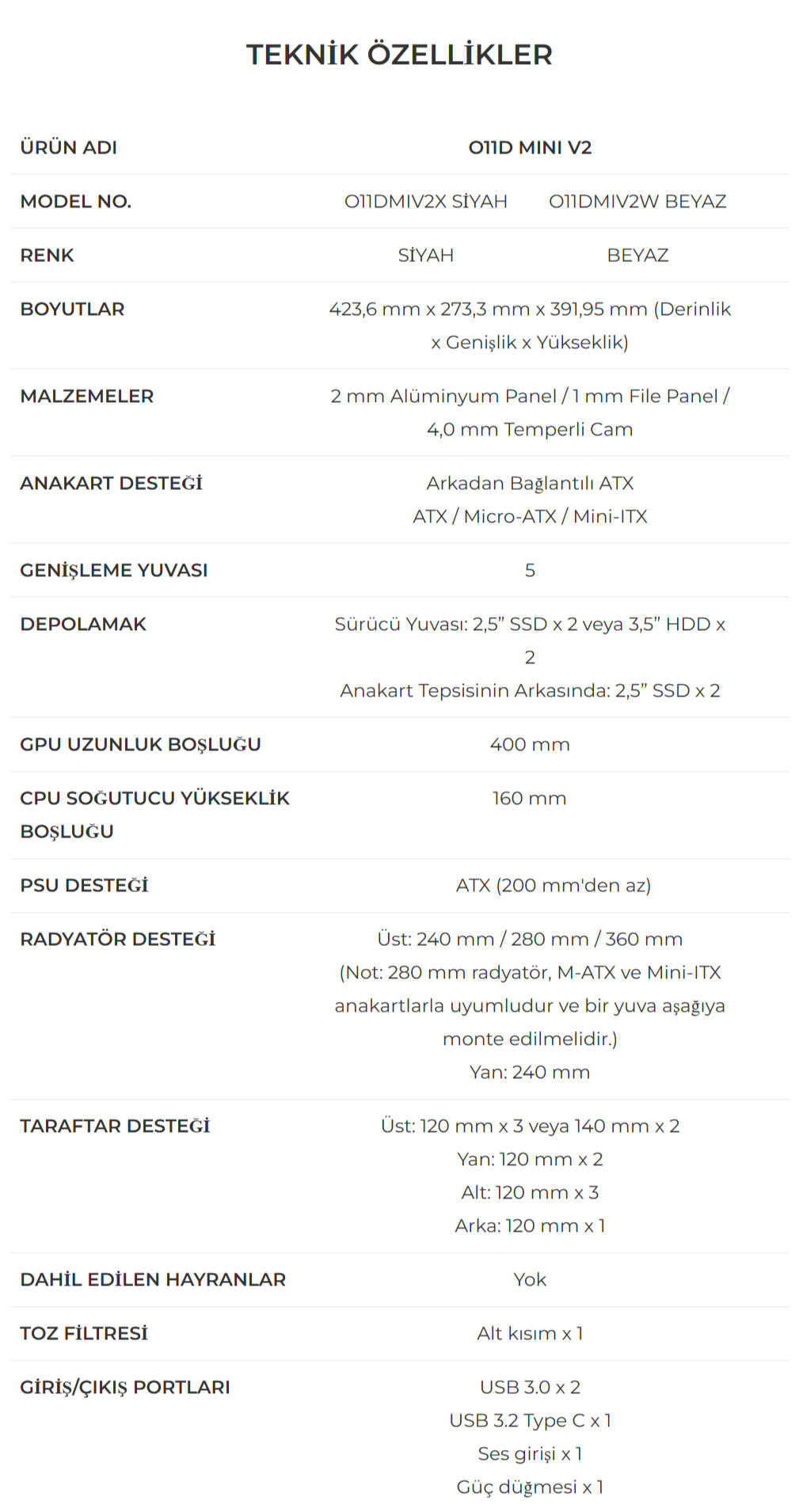 Lian Li O11 Beyaz Mid Tower ATX Kasa
