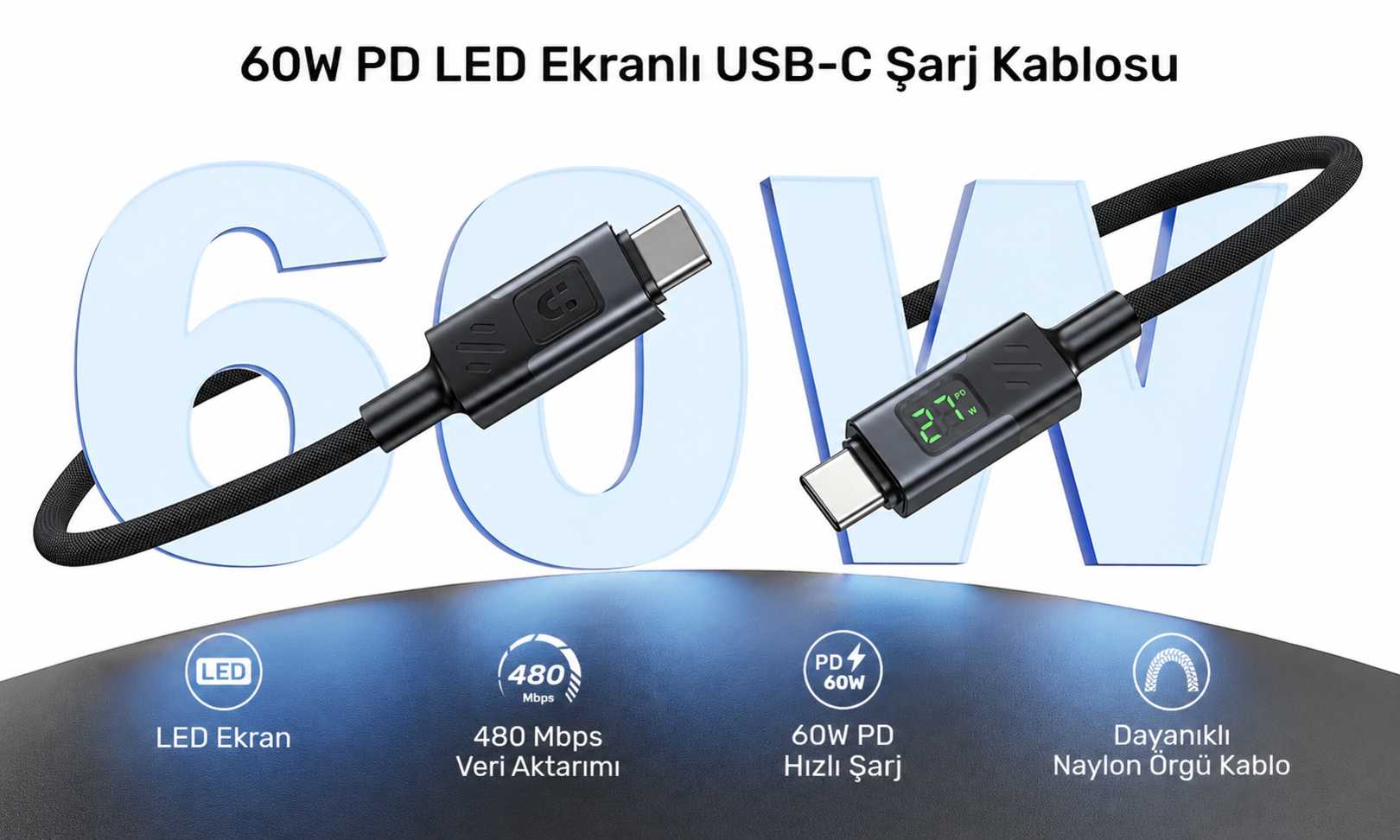 Unitek USB2.0 LED Ekranlı 60W USB-C Şarj Kablosu