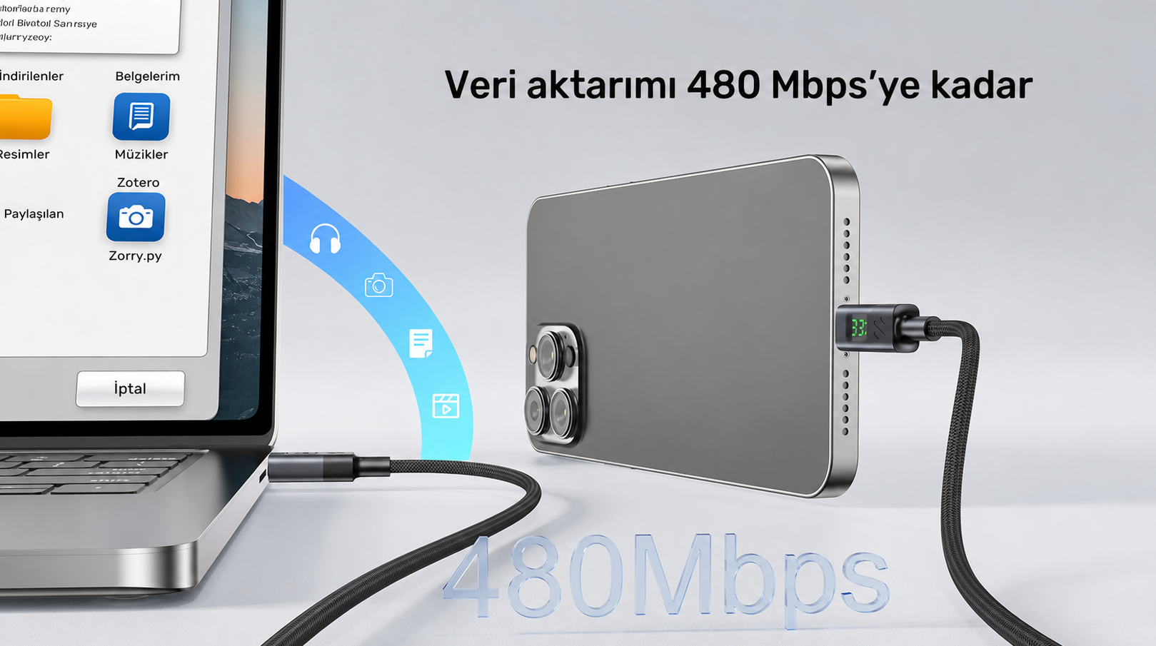 Unitek USB2.0 LED Ekranlı 60W USB-C Şarj Kablosu