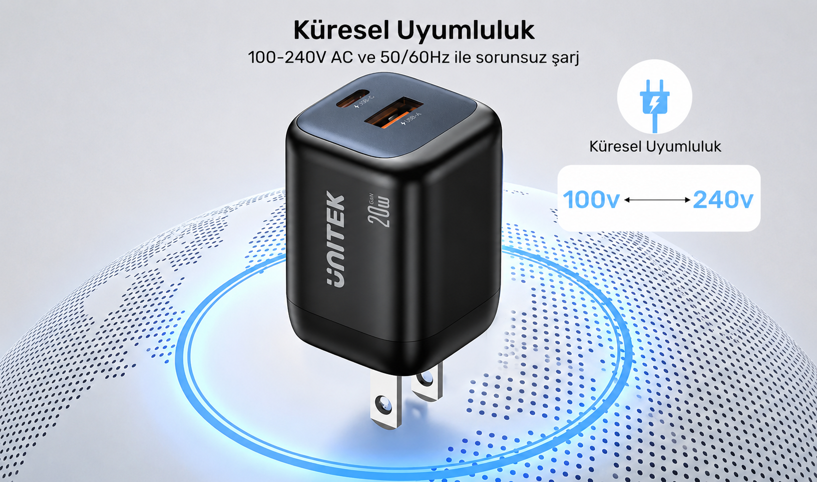 Unitek Zeno 20W Çift Portlu Gan Şarj Cihazı 