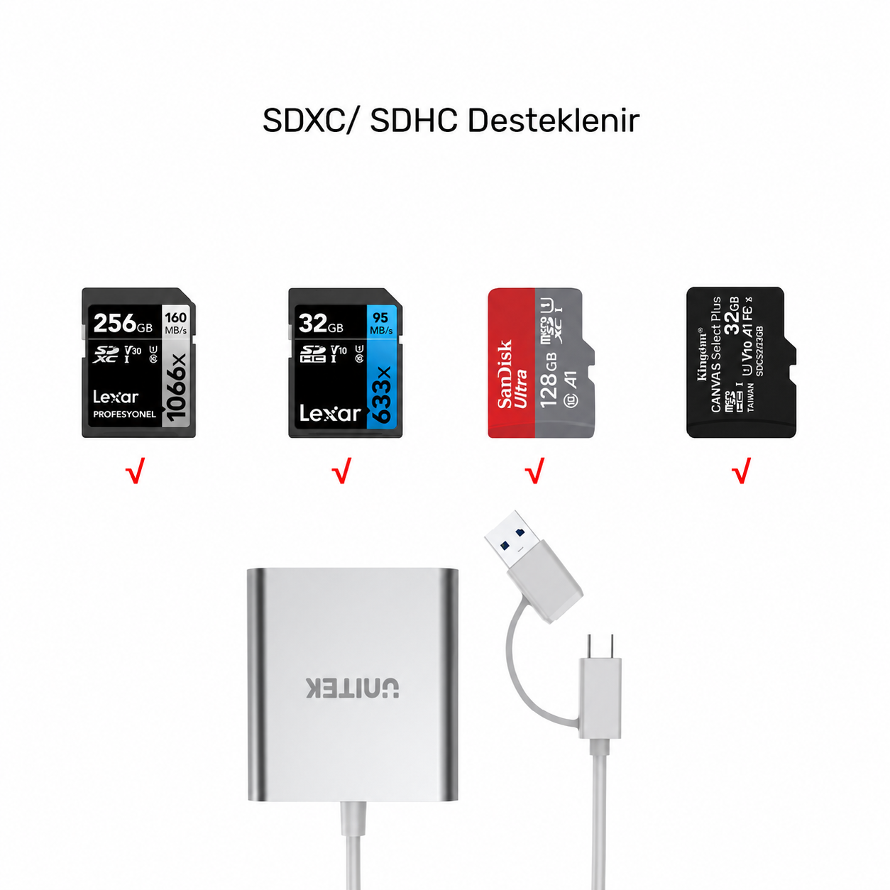 Unitek USB-C to Hafıza Kartı Okuyucu SD/CF/MICROSD Y-9313D
