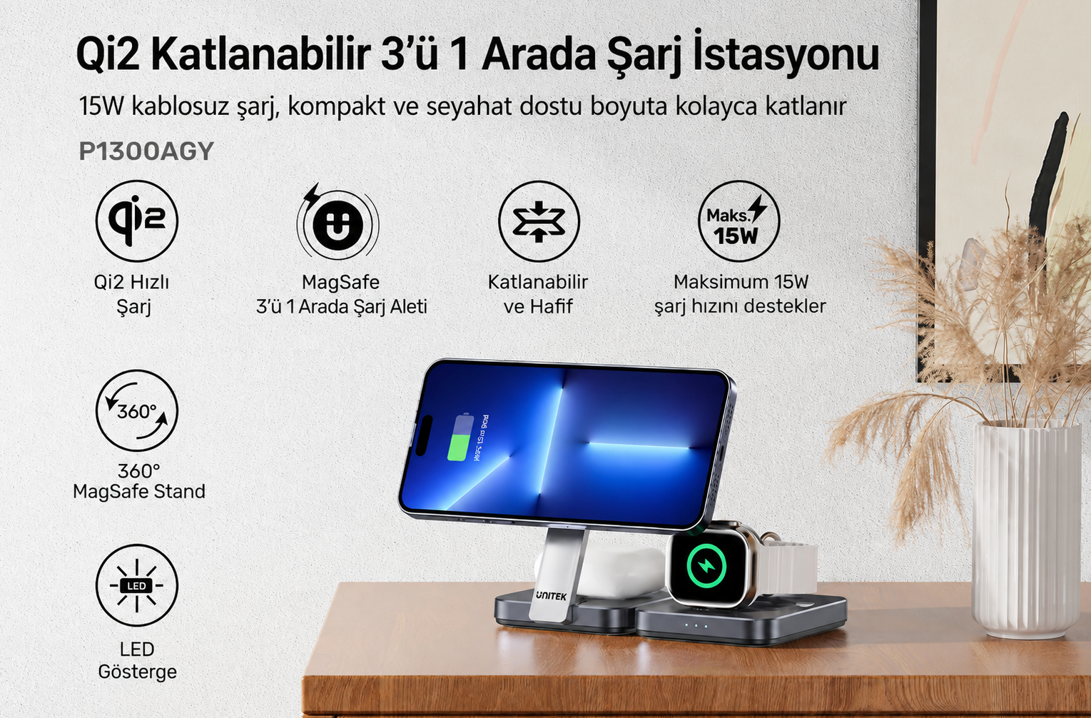 Unitek Qi2 Katlanabilir 3`ü 1 Arada Şarj İstasyonu