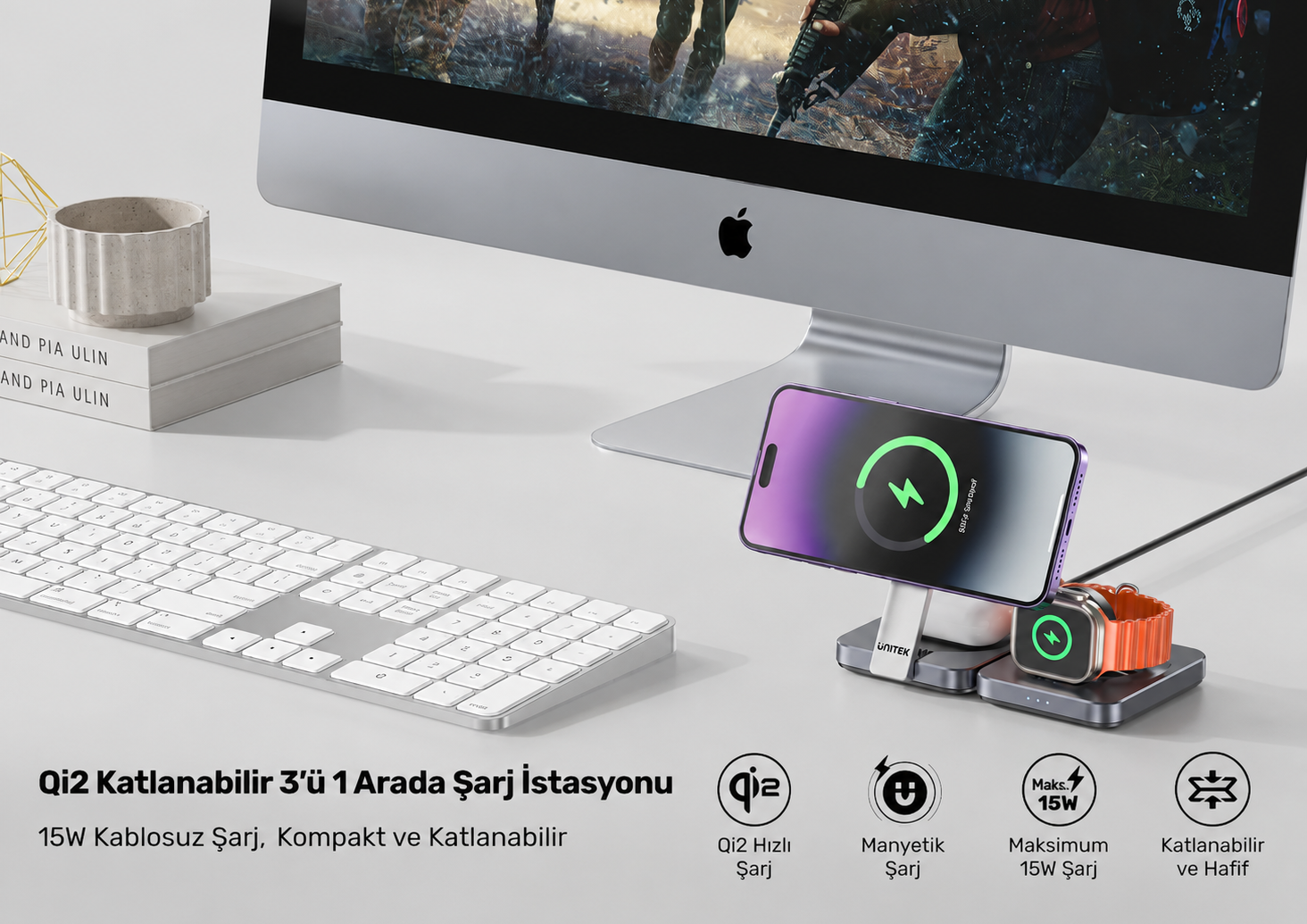 Unitek Qi2 Katlanabilir 3`ü 1 Arada Şarj İstasyonu
