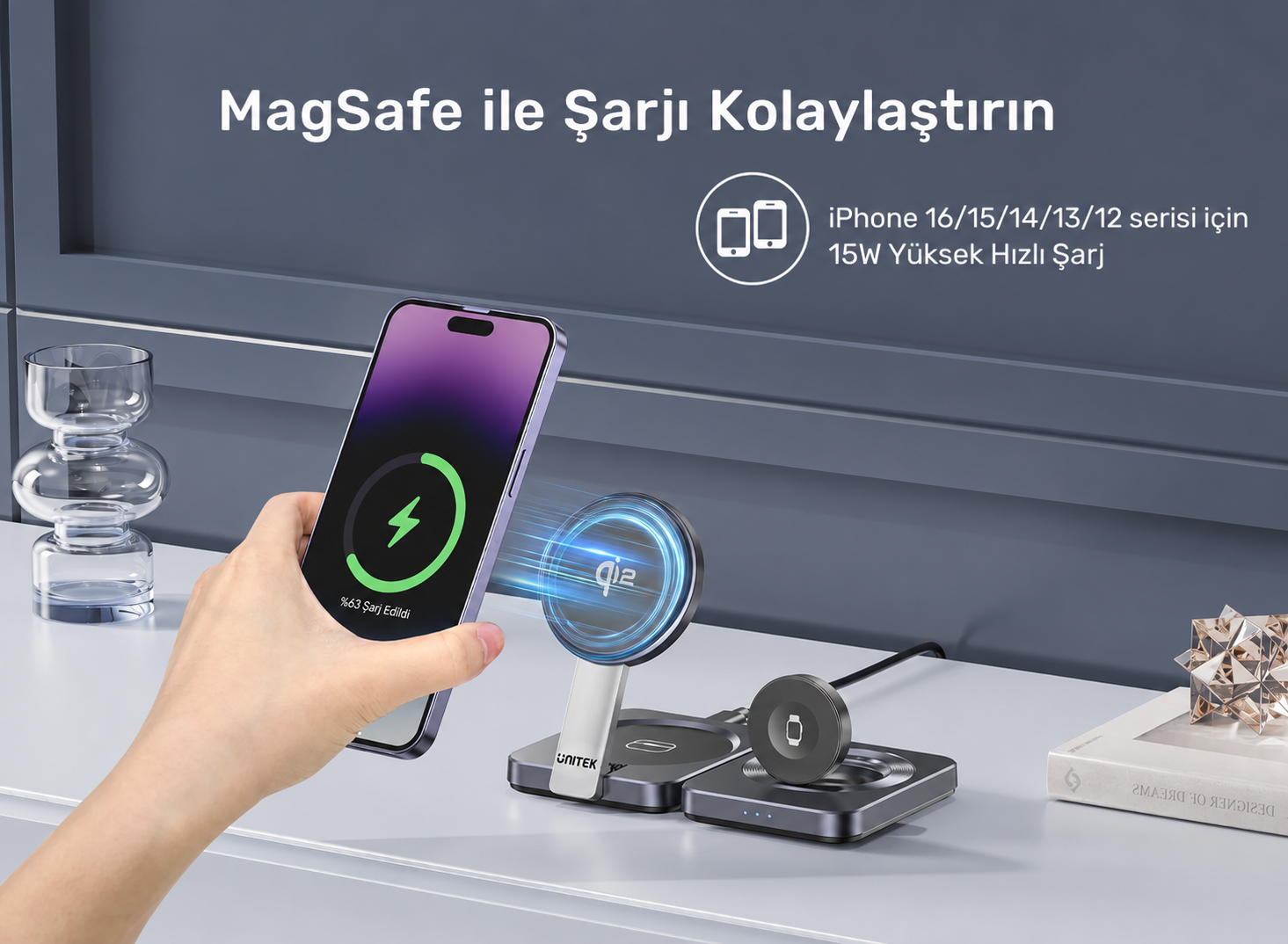 Unitek Qi2 Katlanabilir 3`ü 1 Arada Şarj İstasyonu