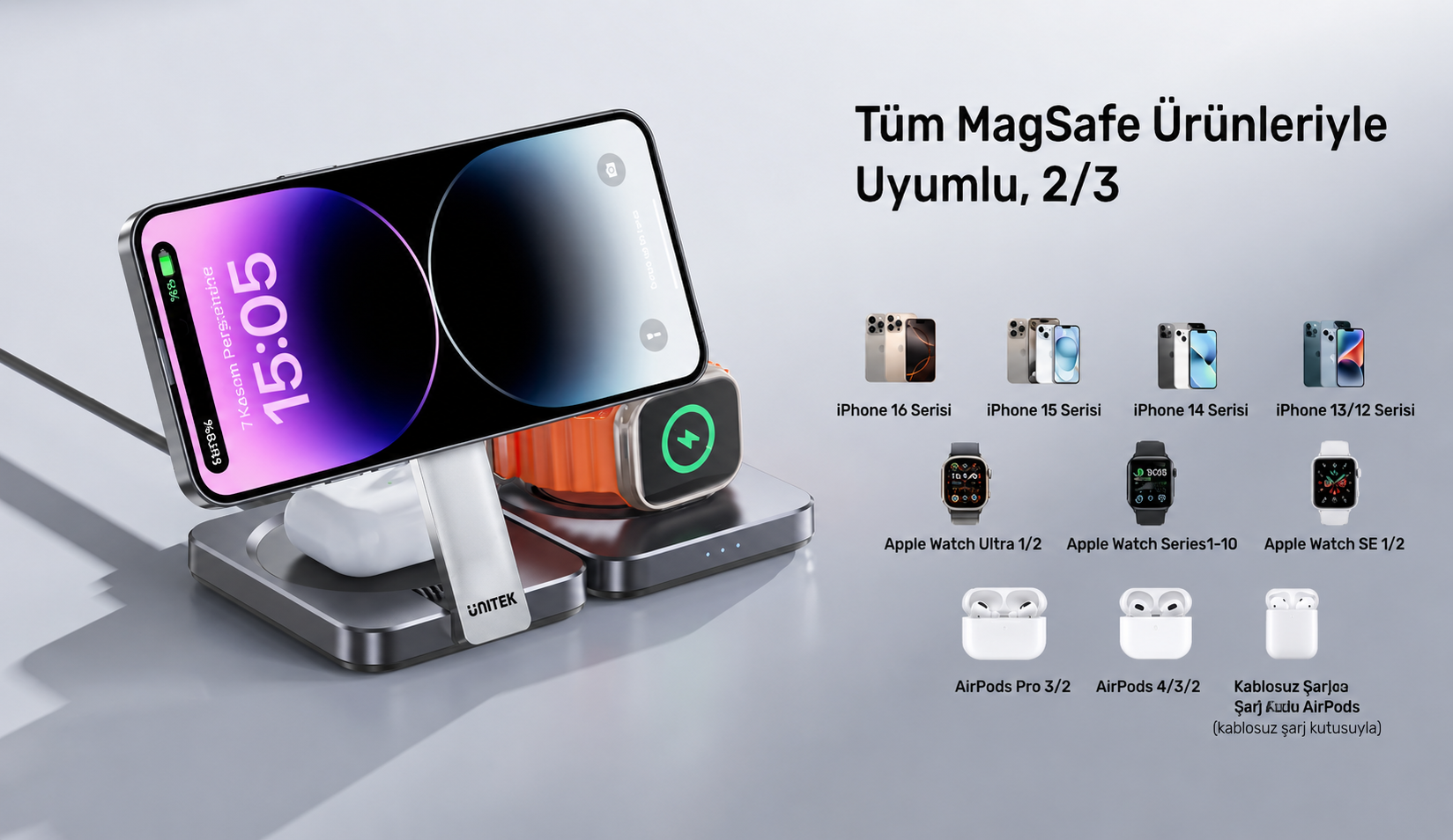 Unitek Qi2 Katlanabilir 3`ü 1 Arada Şarj İstasyonu