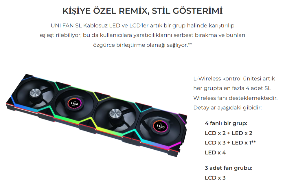 Lian Li UNI FAN REVERSE SL WIRELESS LCD 1x120mm Siyah Kasa Fanı (G99.12RSLLCD1W1B.00)