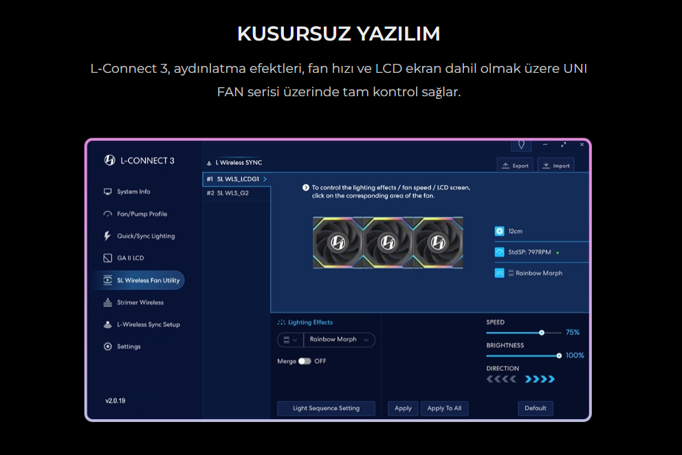 Lian Li UNI FAN REVERSE SL WIRELESS LCD 1x120mm Siyah Kasa Fanı (G99.12RSLLCD1W1B.00)