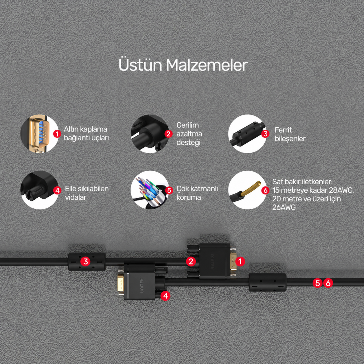 Unıtek VGA Kablo 10 Mt Bakır 15 Pin 3C+6 (Y-C506G)
