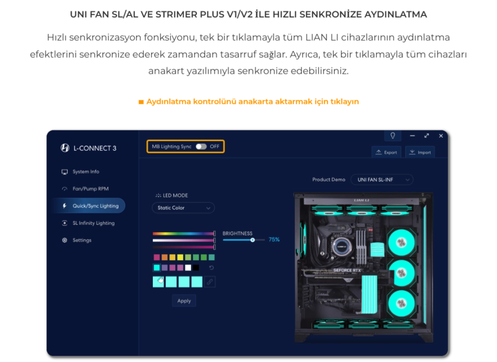 LIAN LI UNI FAN SL-INFINITY REVERSE 120mm RGB Siyah Kasa Fanı