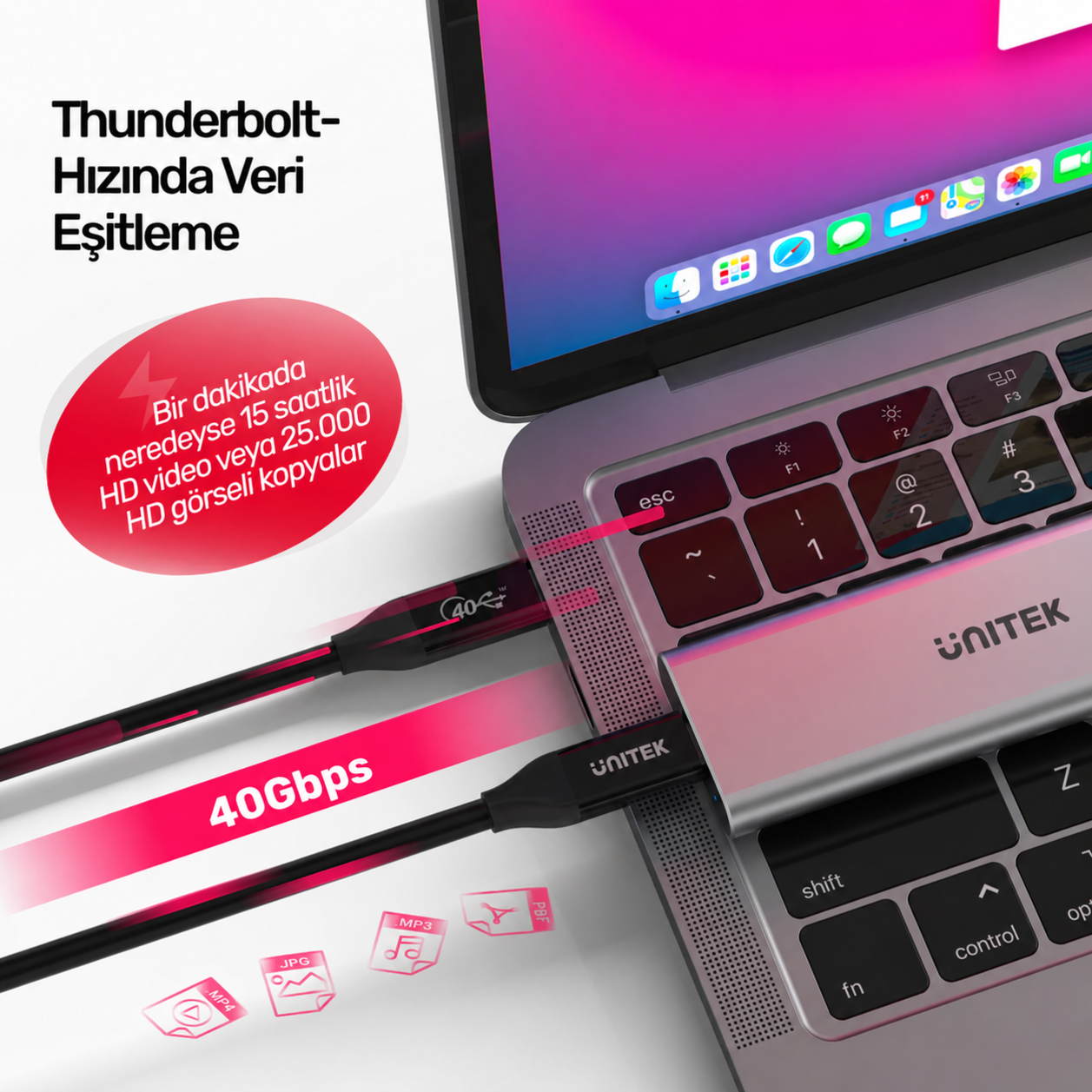 Unitek Type-C to Type-C USB4 Thunderbolt 0.8Mt (8K60Hz ve 40Gbps Görüntü Aktarımı) Hızlı Şarj Kablosu C14100BK-0.8M