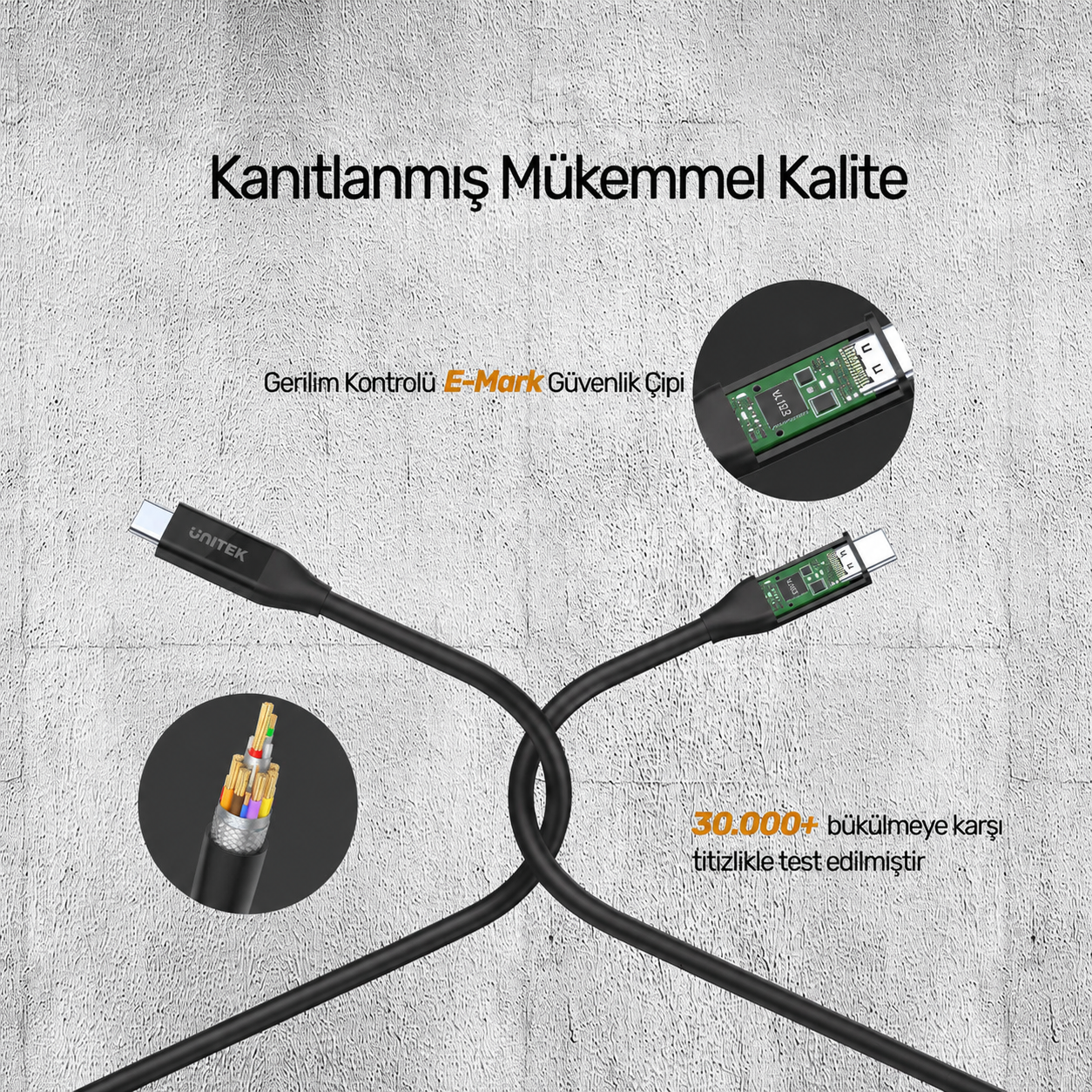 Unitek Type-C to Type-C USB4 Thunderbolt 0.8Mt (8K60Hz ve 40Gbps Görüntü Aktarımı) Hızlı Şarj Kablosu C14100BK-0.8M