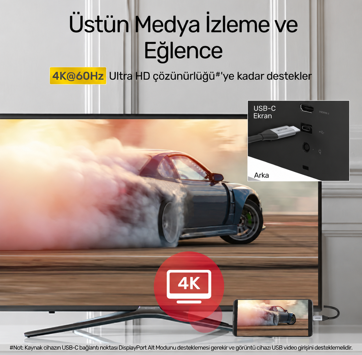 Unitek Type-C to Type-C (100W) 1Mt (4K 10Gbps Görüntü Aktarımı) Hızlı Şarj Kablosu C14082ABK