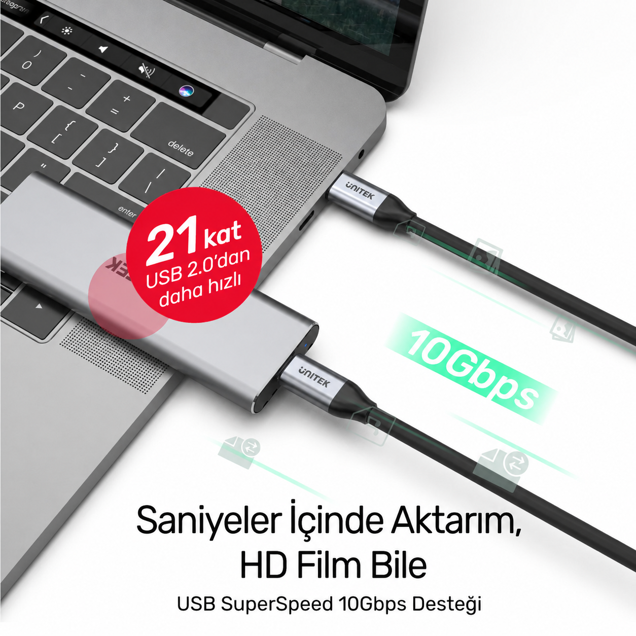 Unitek Type-C to Type-C (100W) 1Mt (4K 10Gbps Görüntü Aktarımı) Hızlı Şarj Kablosu C14082ABK