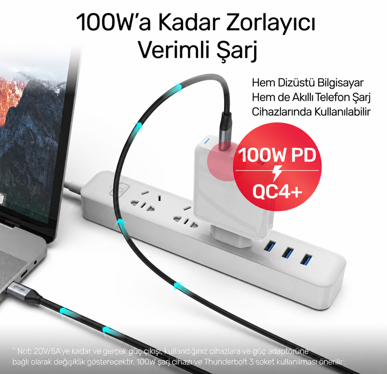Unitek Type-C to Type-C (100W) 1Mt (4K 10Gbps Görüntü Aktarımı) Hızlı Şarj Kablosu C14082ABK