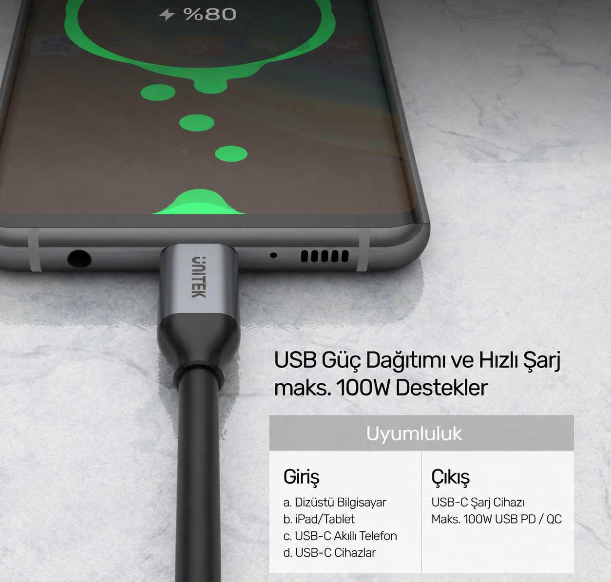Unitek Type-C to Type-C (100W) 1Mt (4K 10Gbps Görüntü Aktarımı) Hızlı Şarj Kablosu C14082ABK