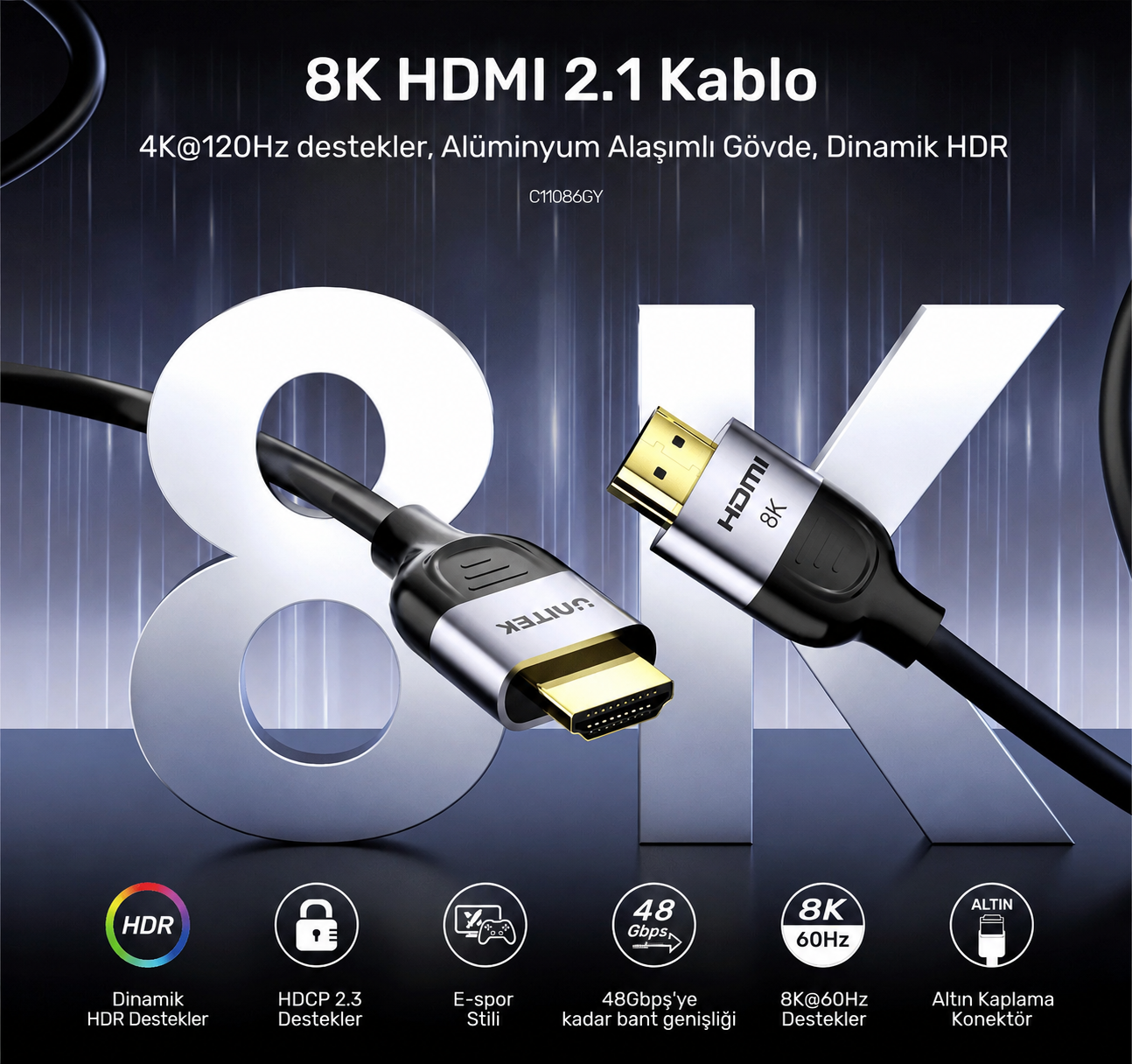 Unitek 8K 60Hz HDMI2.1 Kablo 1Mt (C11086GY01-1M)