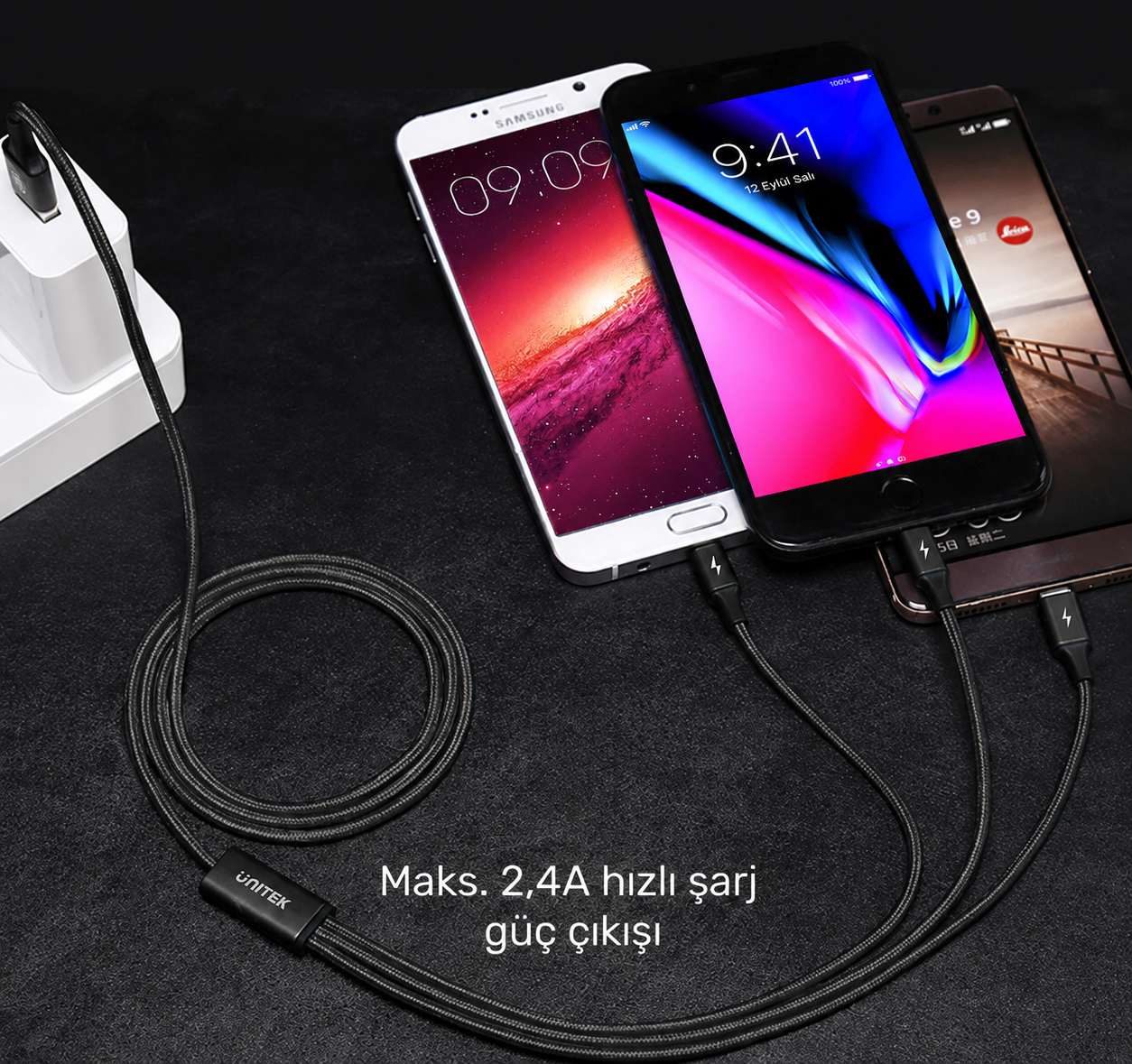 Unitek USB-A to 3in1 Hızlı Şarj Destekli 2.4A 1.2Mt Çoklu Şarj Kablosu C14049BK