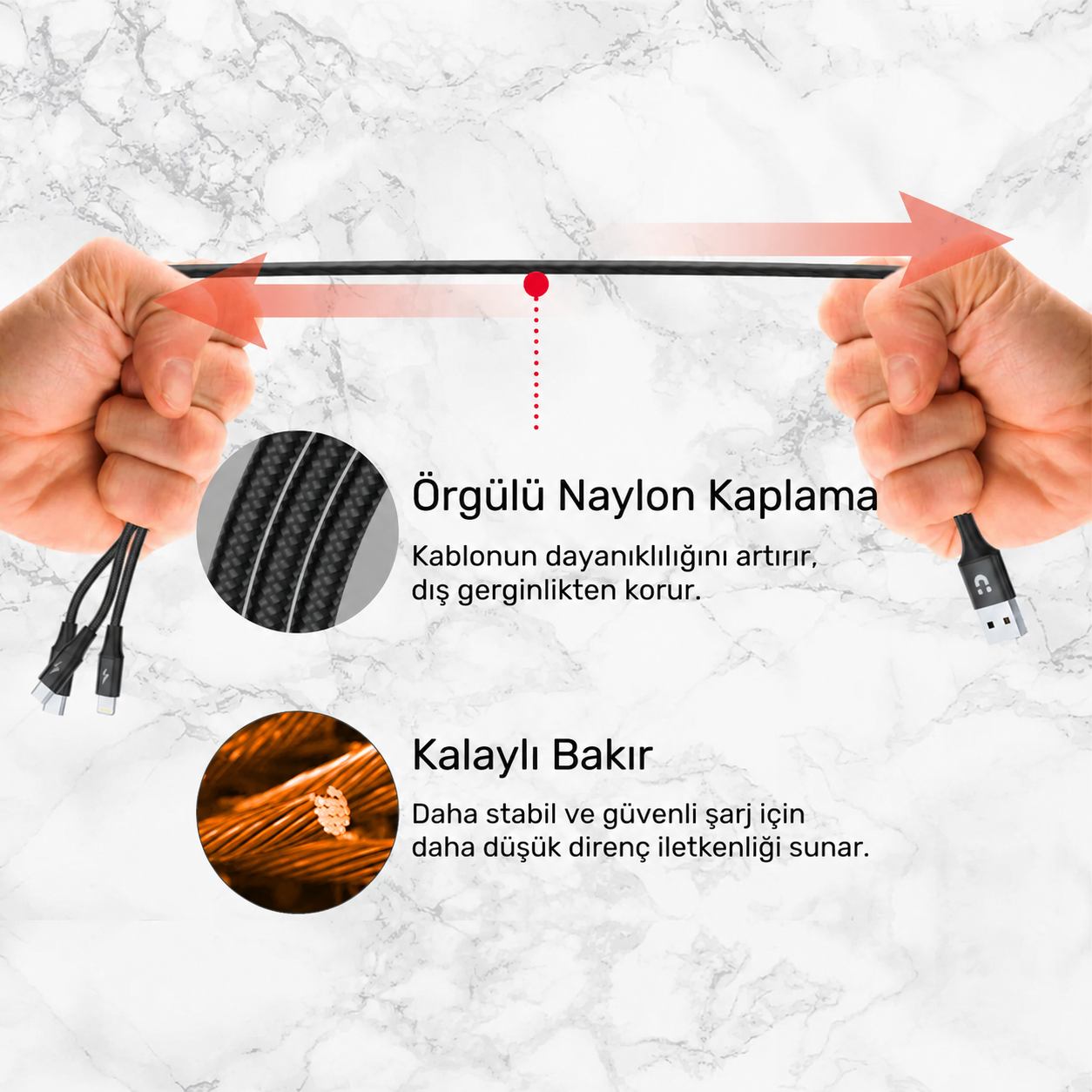 Unitek USB-A to 3in1 Hızlı Şarj Destekli 2.4A 1.2Mt Çoklu Şarj Kablosu C14049BK