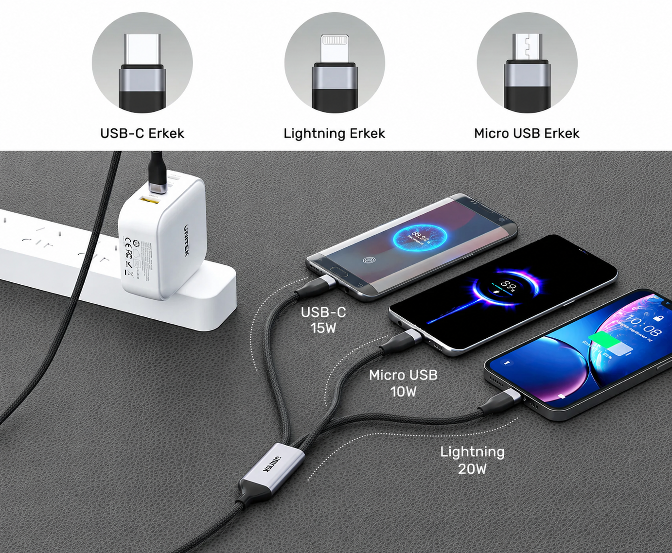 Unitek Type-C to Lightning/ USB-C/ Micro USB 1.5M Çoklu Şarj Kablosu 20W C14101AGY01-1.5M