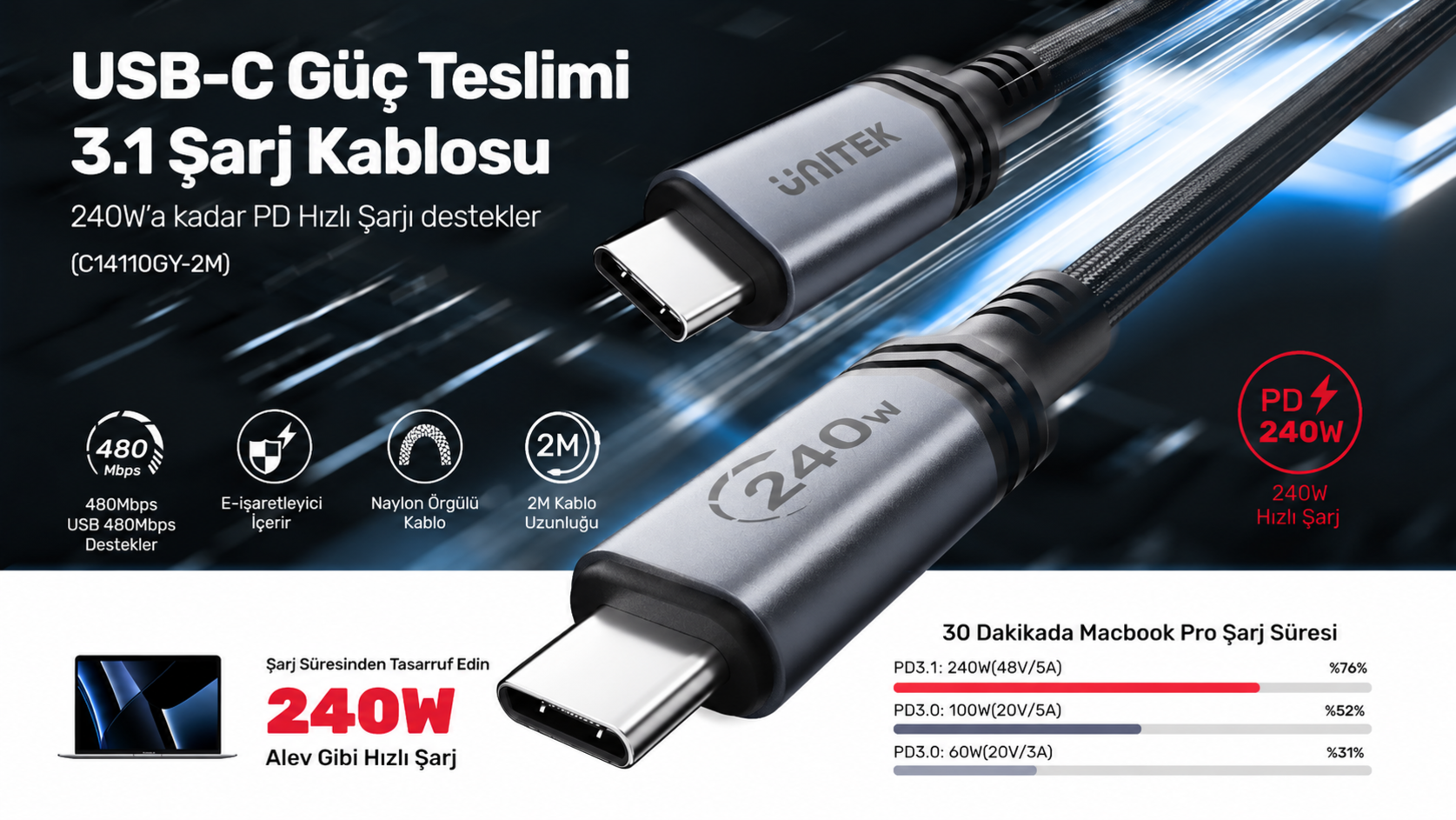 Unitek Type-C to Type-C (240W) 2Mt Hızlı Şarj Kablosu E-Marker 480 Mbps