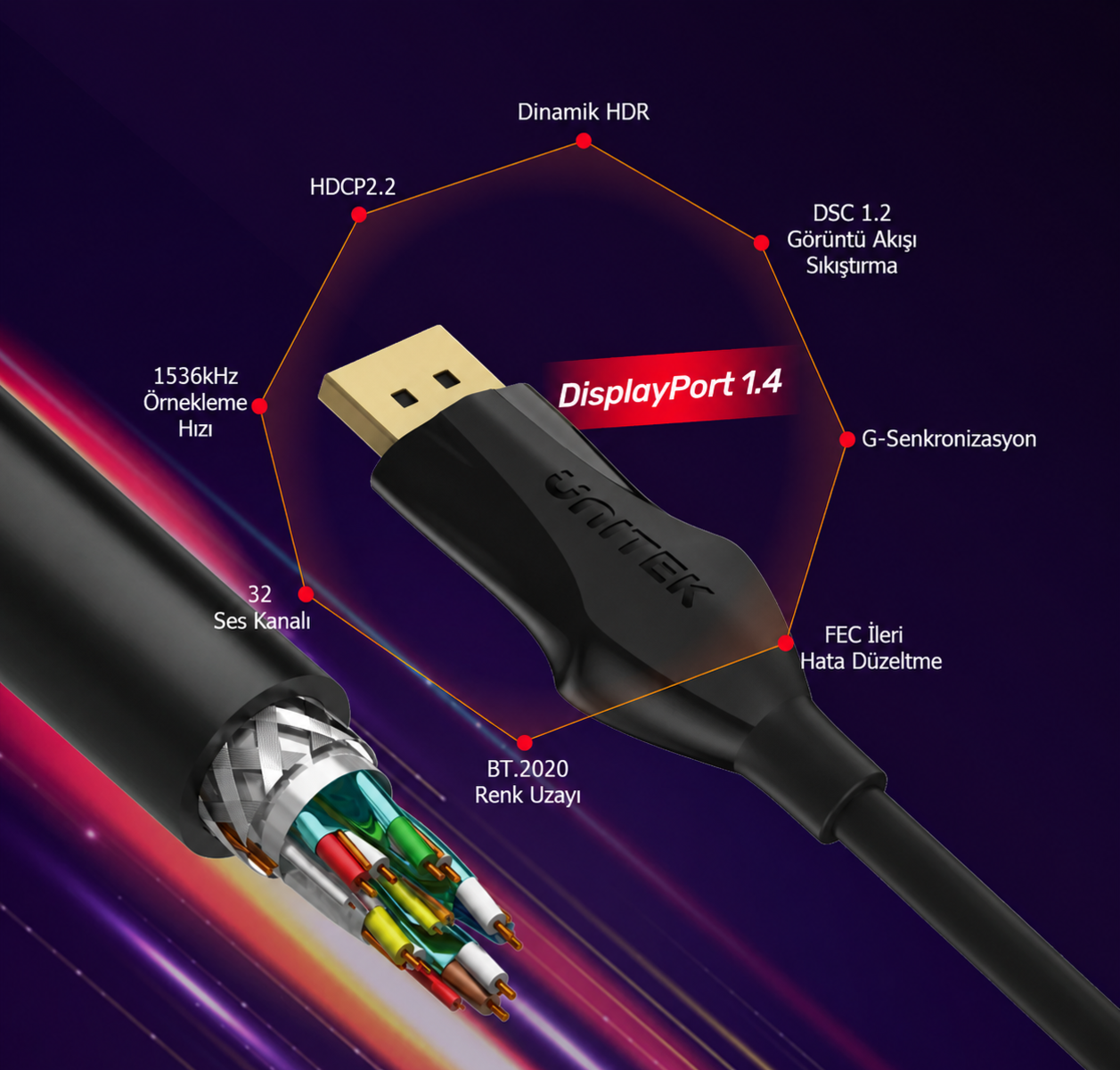 Unitek Displayport Kablo v1.4 8K 2Mt C1624BK-2M
