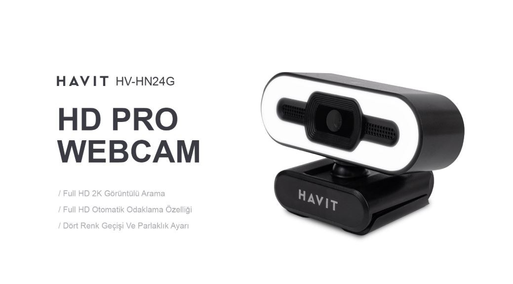 Havit HV-HN24G Full HD Pro 2K Webcam Otomatik Odaklama LED Işıklı Mikrofonlu