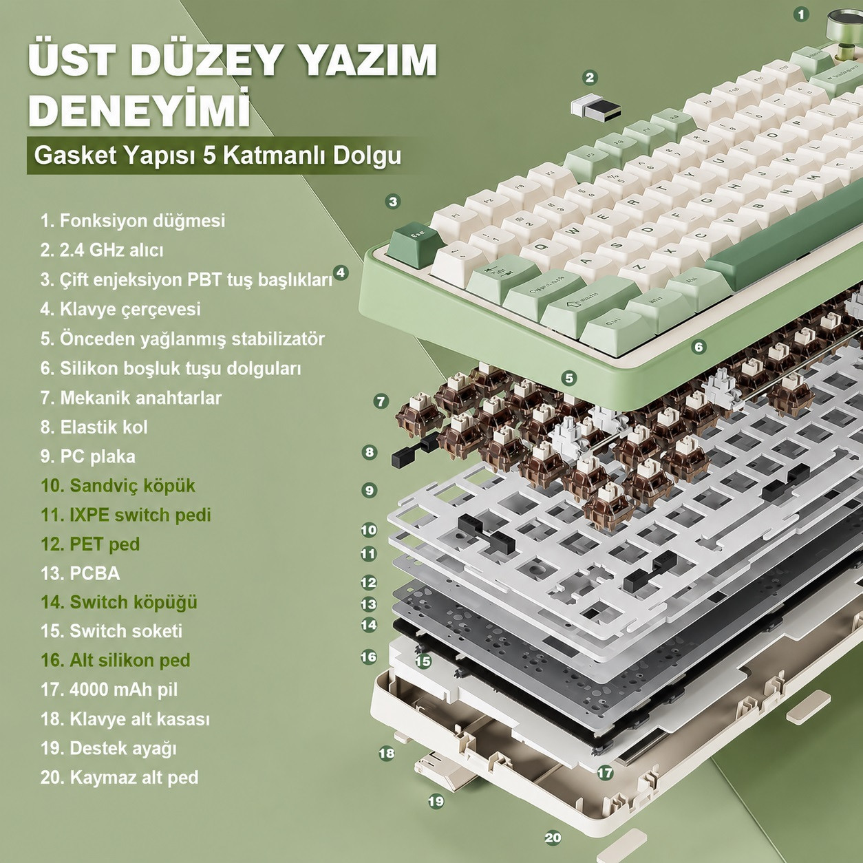 YUNZII B75 Pro Mekanik Klavye Yeşil Milk Switch