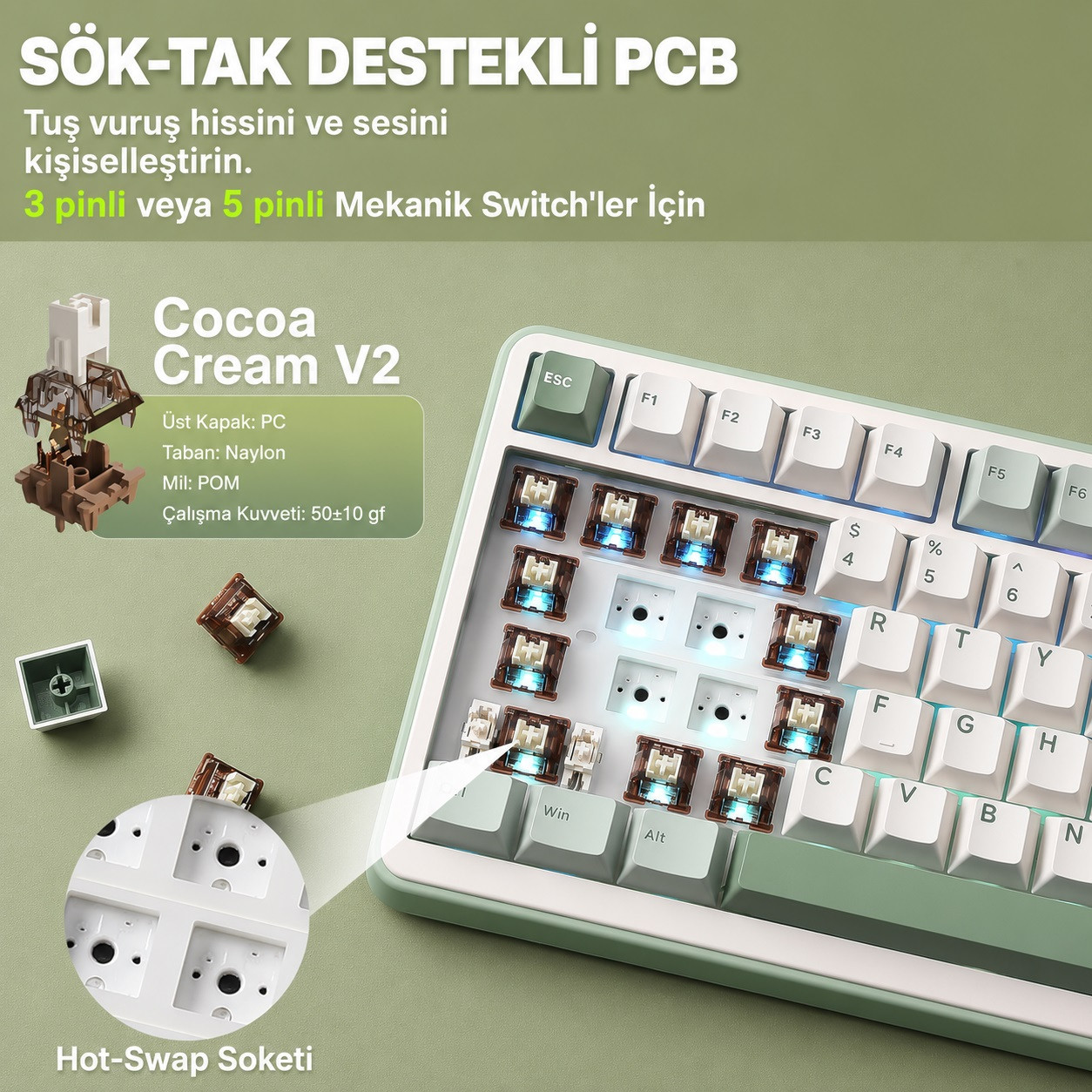 YUNZII B75 Pro Mekanik Klavye Yeşil Milk Switch