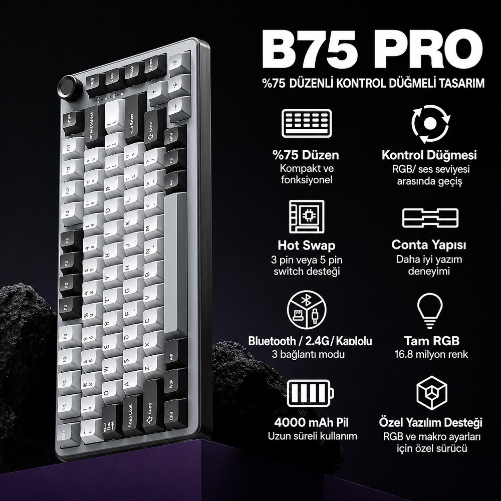 YUNZII B75 Pro Mekanik Klavye Koyu Gri Milk Switch