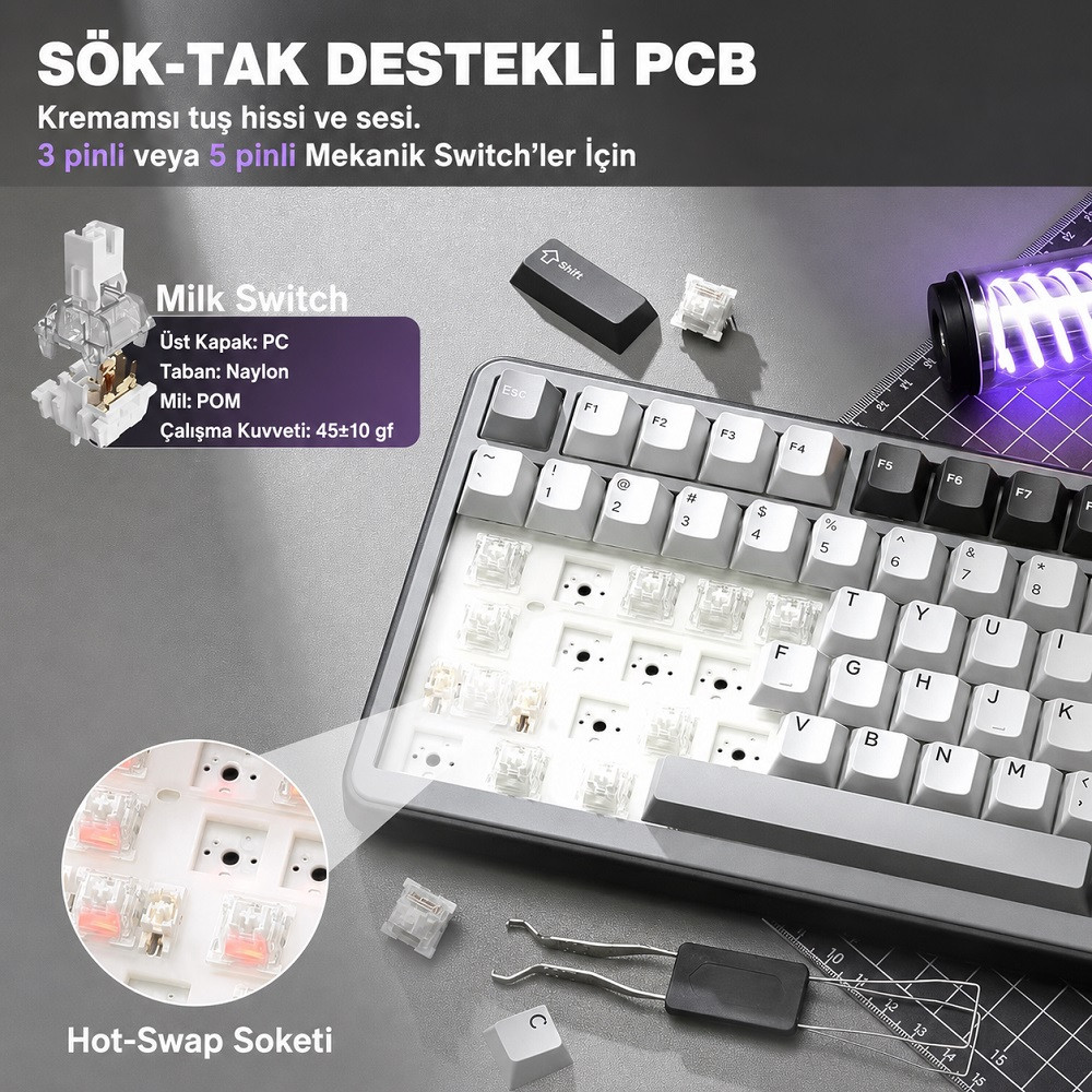 YUNZII B75 Pro Mekanik Klavye Koyu Gri Milk Switch