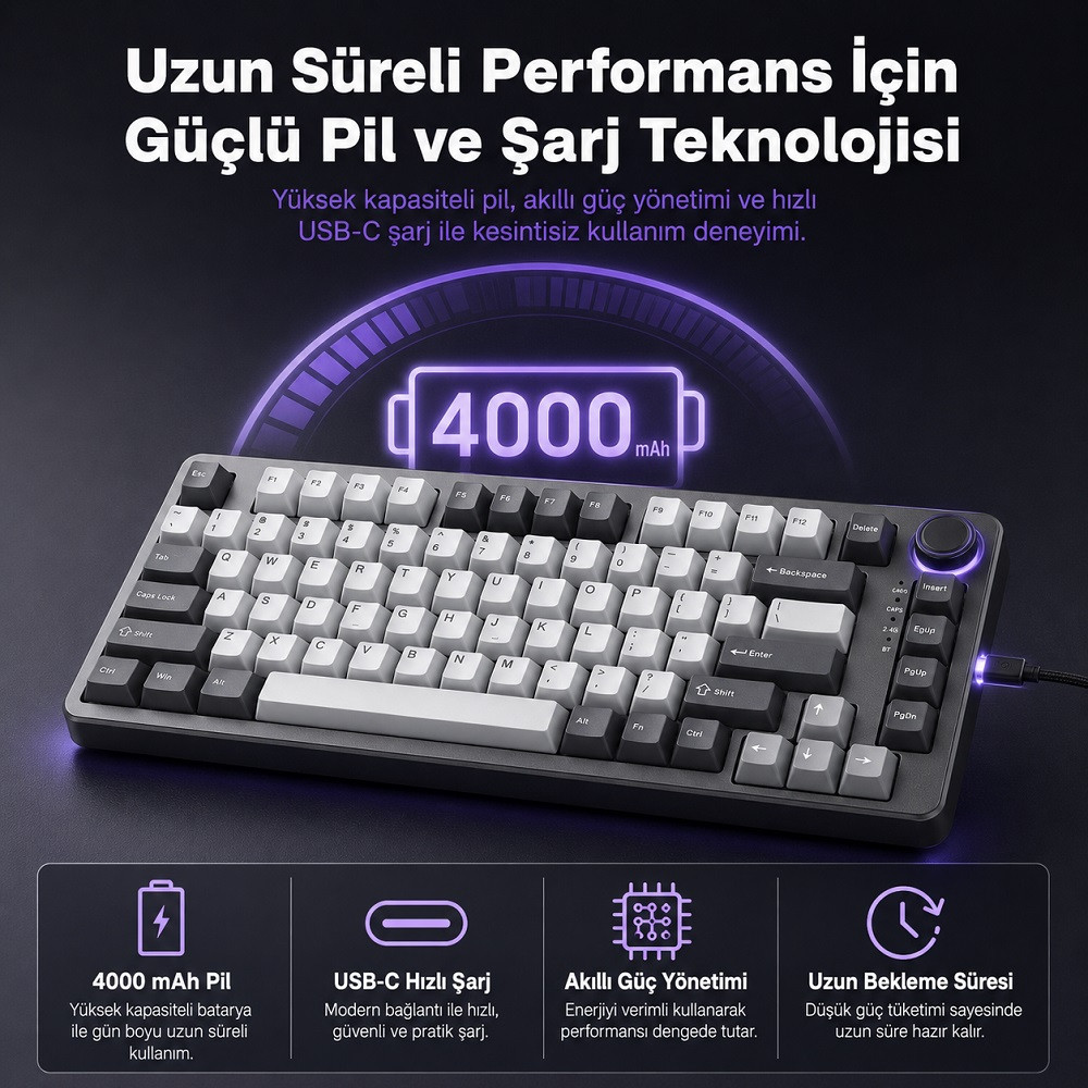 YUNZII B75 Pro Mekanik Klavye Koyu Gri Milk Switch