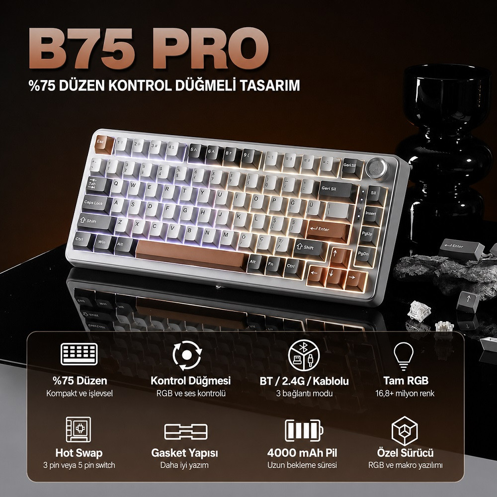 YUNZII B75 Pro Mekanik Klavye Gri Milk Switch