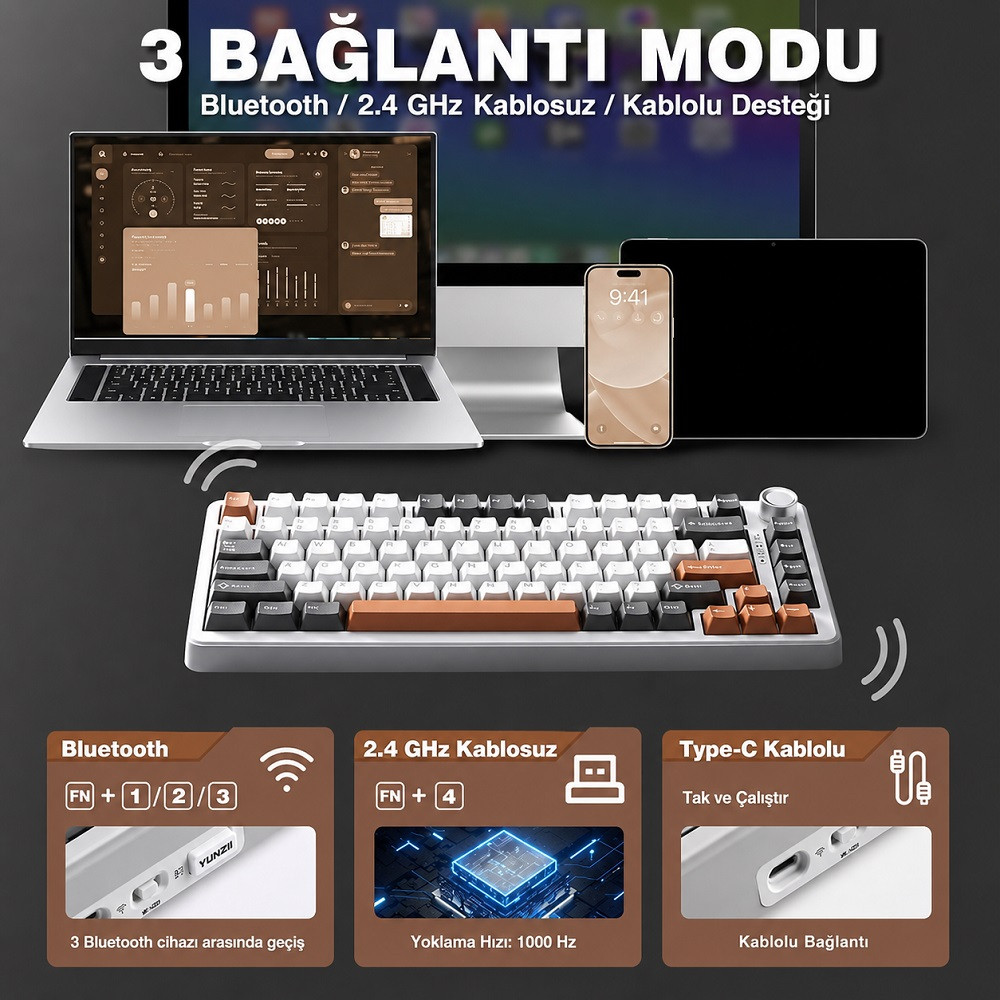 YUNZII B75 Pro Mekanik Klavye Gri Milk Switch