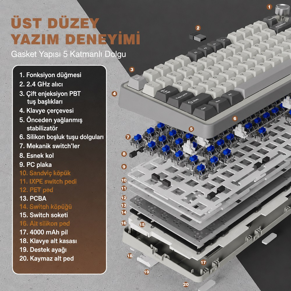 YUNZII B75 Pro Mekanik Klavye Gri Milk Switch