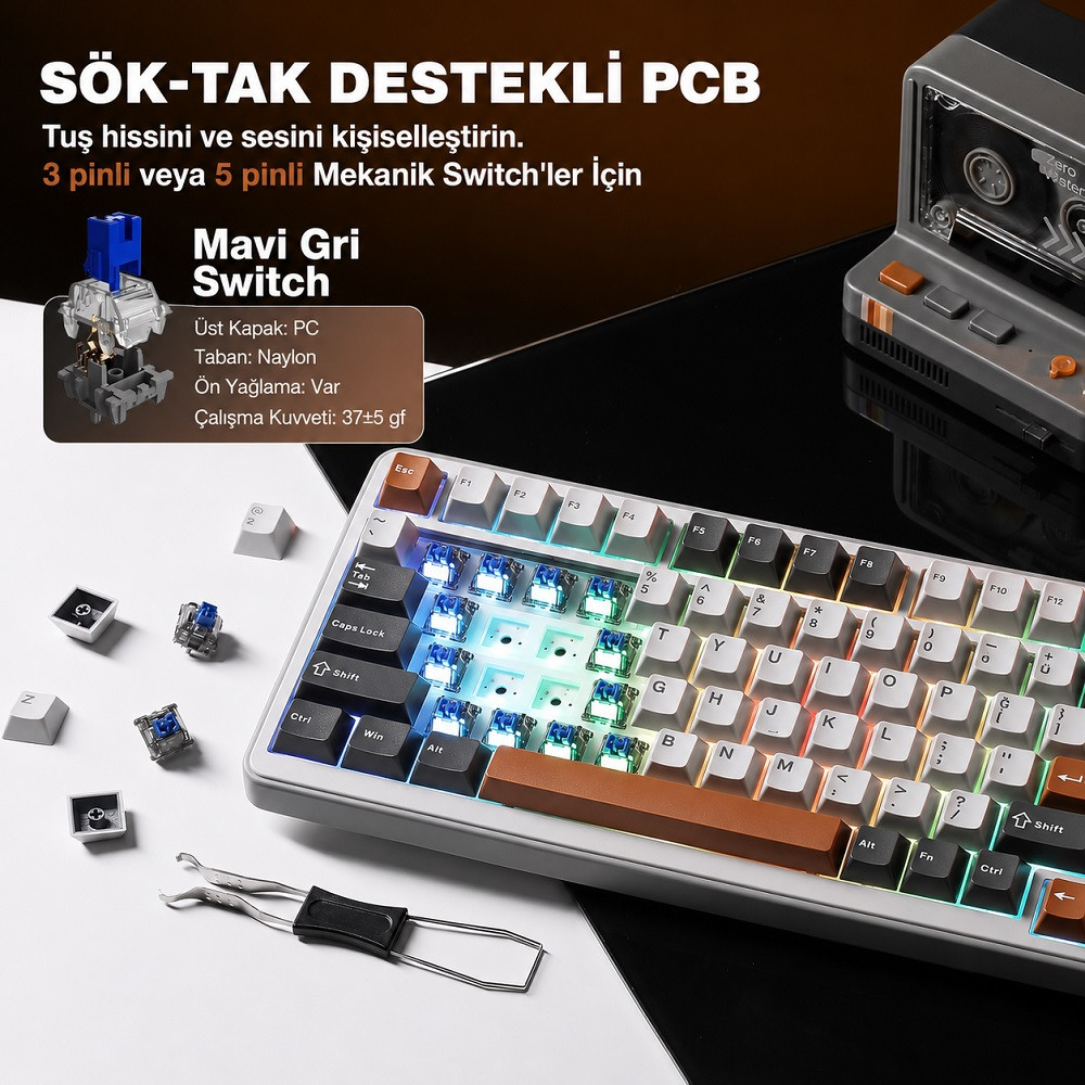 YUNZII B75 Pro Mekanik Klavye Gri Milk Switch