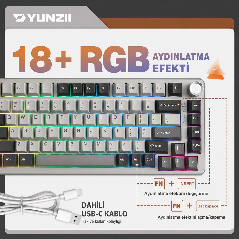 YUNZII B75 Pro Mekanik Klavye Gri Milk Switch