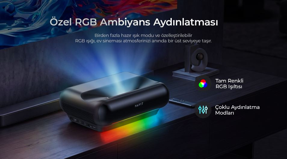 Havit PJ610 Plus Ultra Kısa Mesafe Lazer Projeksiyon Cihazı (900 ANSI / 4K Destekli / Google TV)