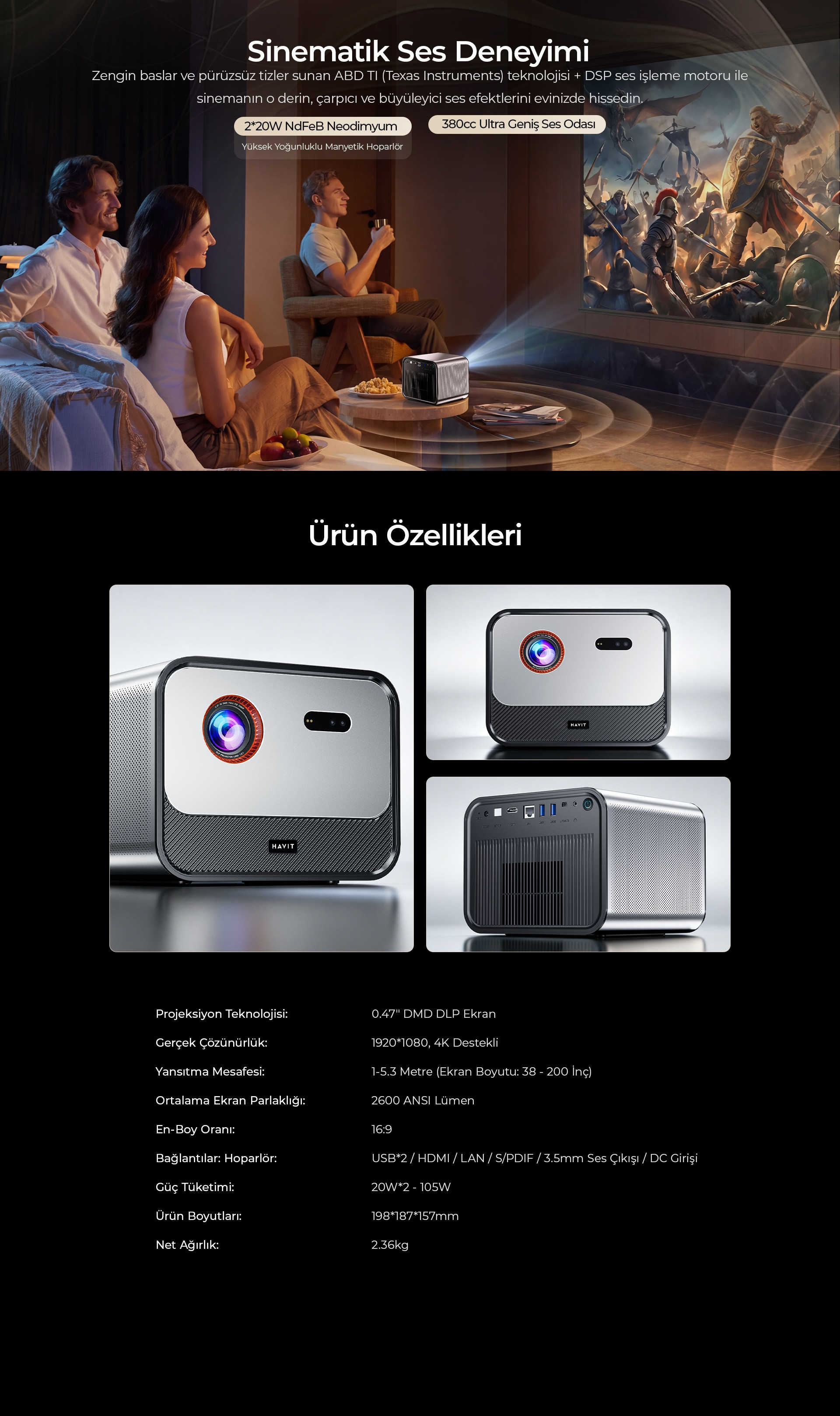 Havit PJ810 Plus DLP Akıllı Projeksiyon Ev Sinema Sistemi (4K Destekli - 20W Sinematik Ses - Google TV)