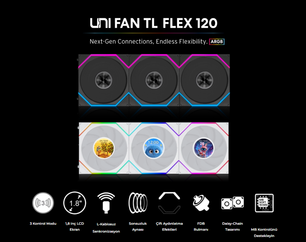 Lian Li UNI FAN Reverse TL FLEX 3x120mm Siyah Kasa Fanı 