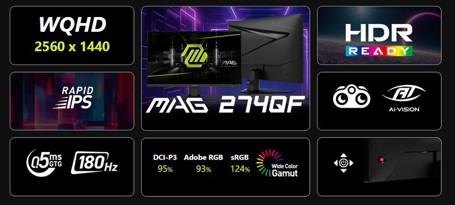 MSI MAG 274QF E20 27″ 200Hz 0.5ms 2K AdaptiveSync HDR400 WQHD Rapid IPS Gaming Monitör