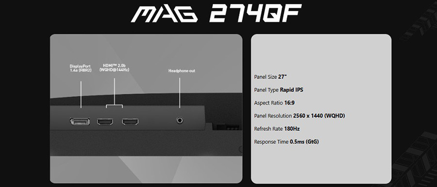 MSI MAG 274QF E20 27″ 200Hz 0.5ms 2K AdaptiveSync HDR400 WQHD Rapid IPS Gaming Monitör