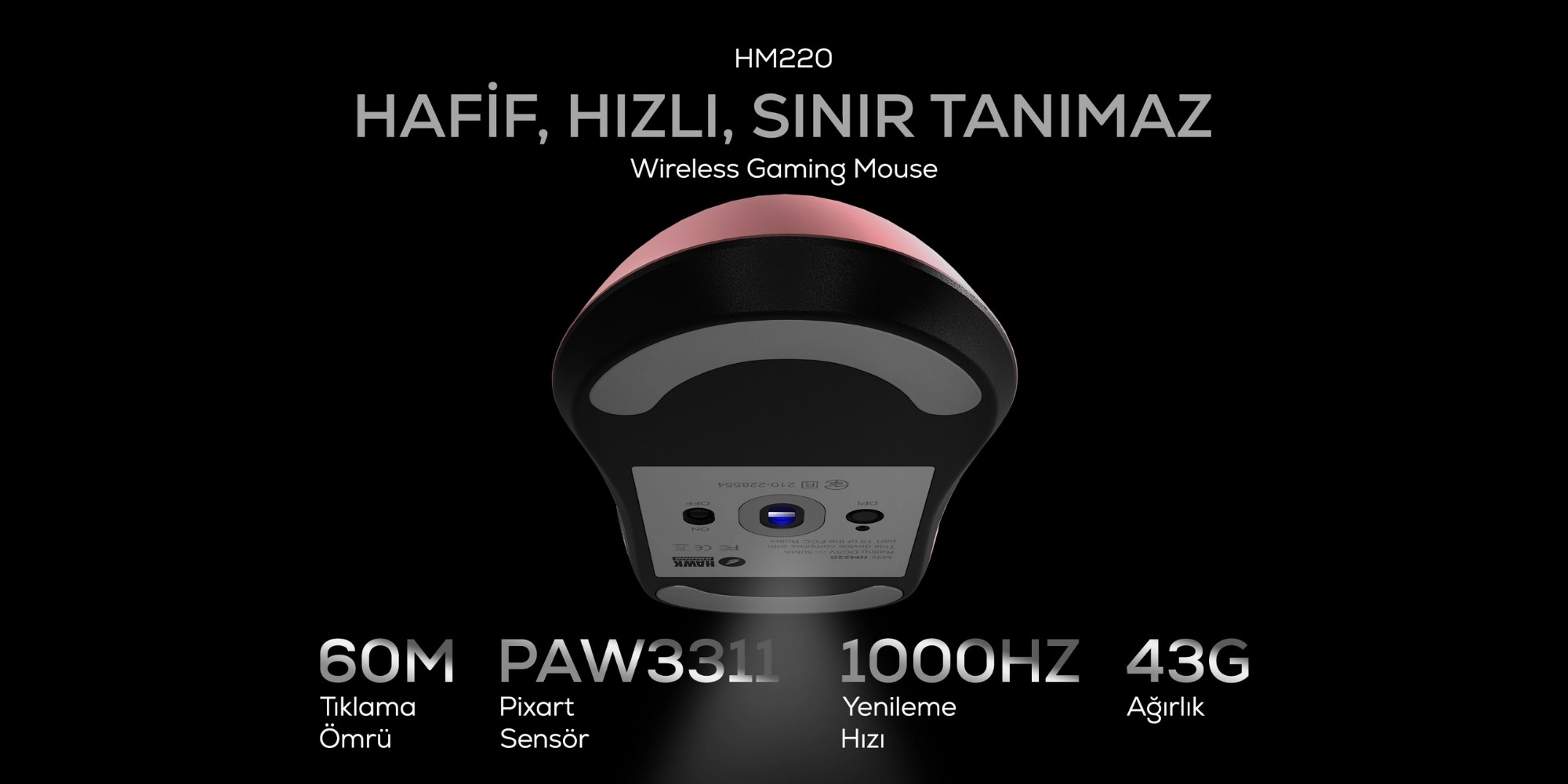 Hawk Gaming HM220P 1K Hz 12000 DPI Tri-Mode Kablosuz/Bluetooth Pembe Gaming Mouse