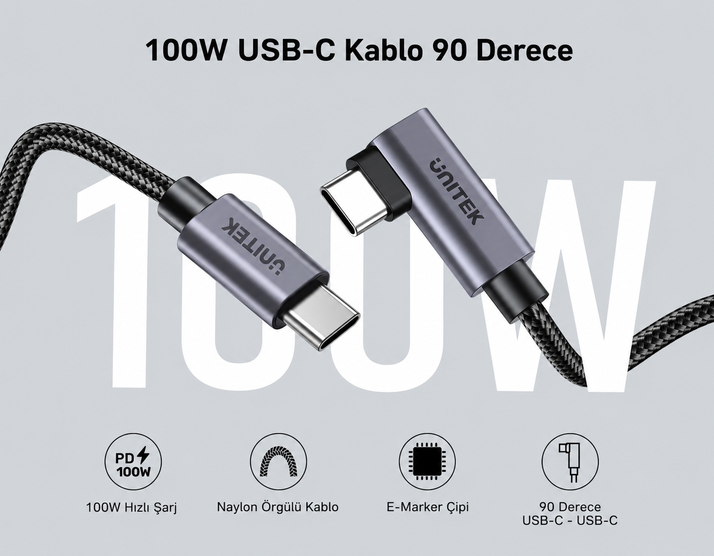 Unitek Type-C to Type-C 100W 5Mt 90 Açı Hızlı Şarj Kablosu