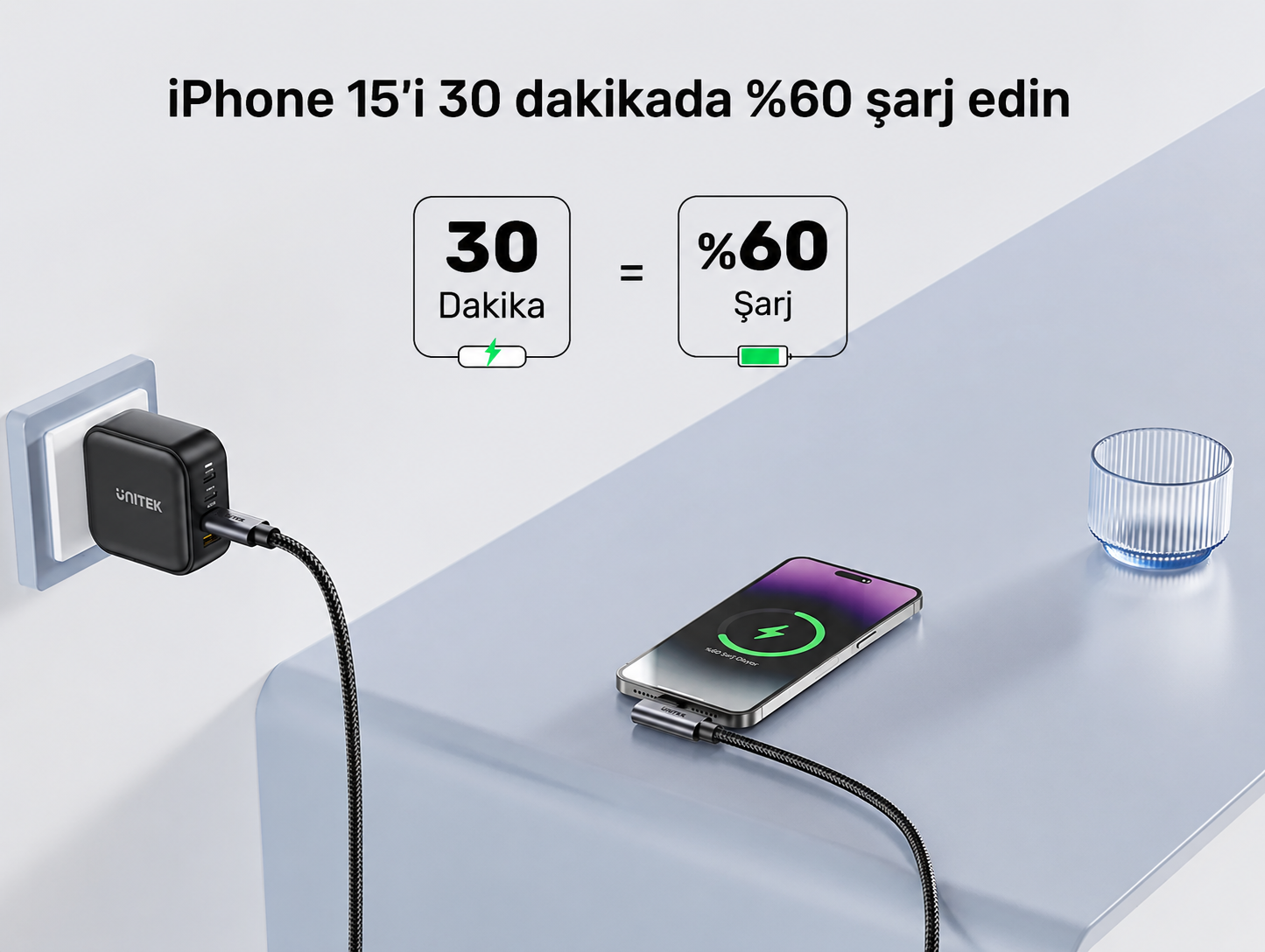 Unitek Type-C to Type-C 100W 5Mt 90 Açı Hızlı Şarj Kablosu