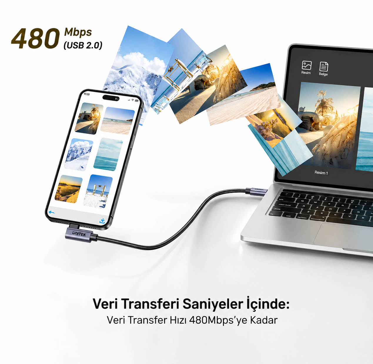 Unitek Type-C to Type-C 100W 5Mt 90 Açı Hızlı Şarj Kablosu